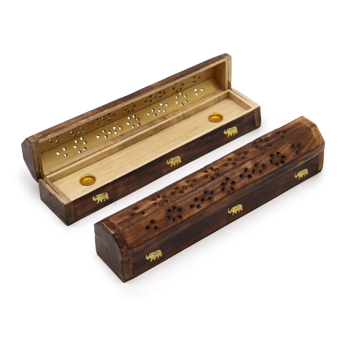 Natural mango wood wooden smoke box with clean straight edges, simple rectangular shape, open lid and side handle.
