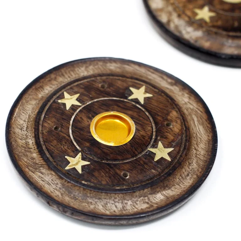 Flat 10cm mango wood incense disc in natural wooden texture
