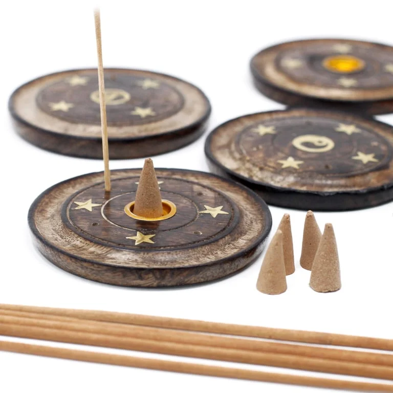 Mango wood incense disc, 10cm diameter, displayed flat on a neutral background.
