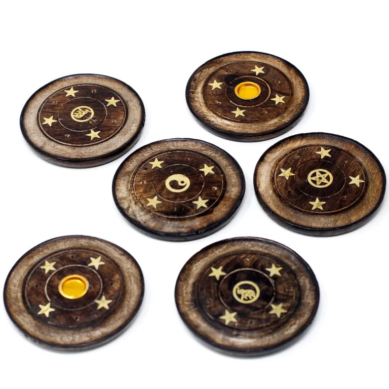 Mango wood incense holder disc, 10cm diameter, holds cone and incense