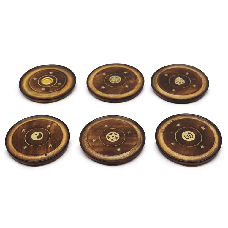 Mango wood incense disc 10cm, flat wooden disc displayed on neutral background.
