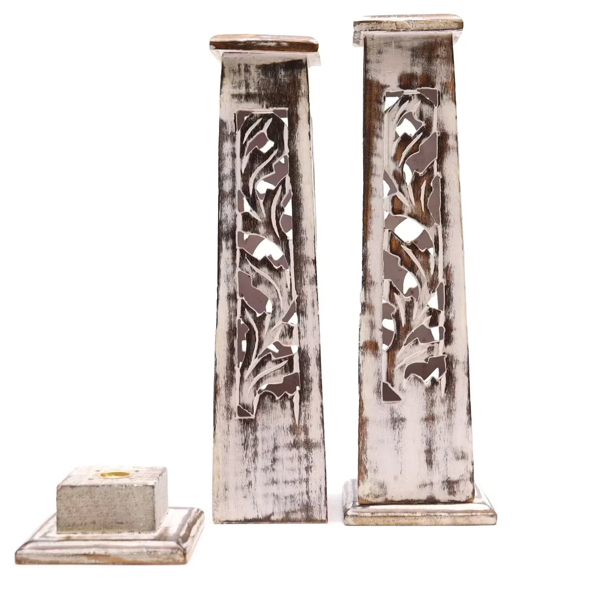 tapered incense holder in mango wood with washed finish, displayed in natural light showing its smooth tapered shape