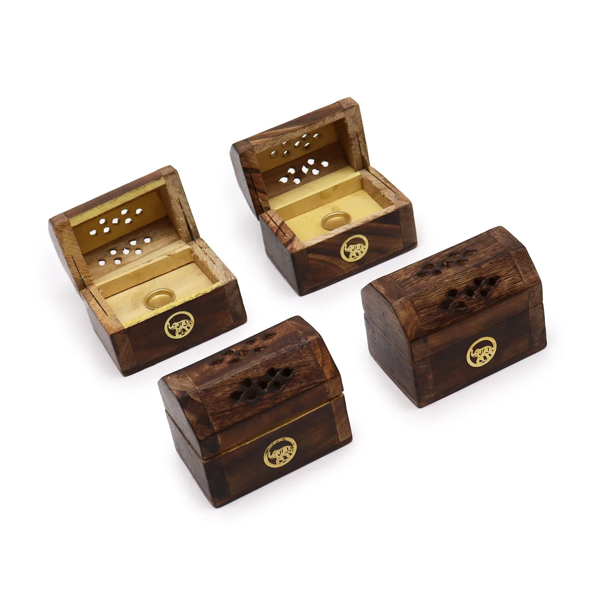 Mini incense cone box made of mango wood, open lid shows a few white cones inside.