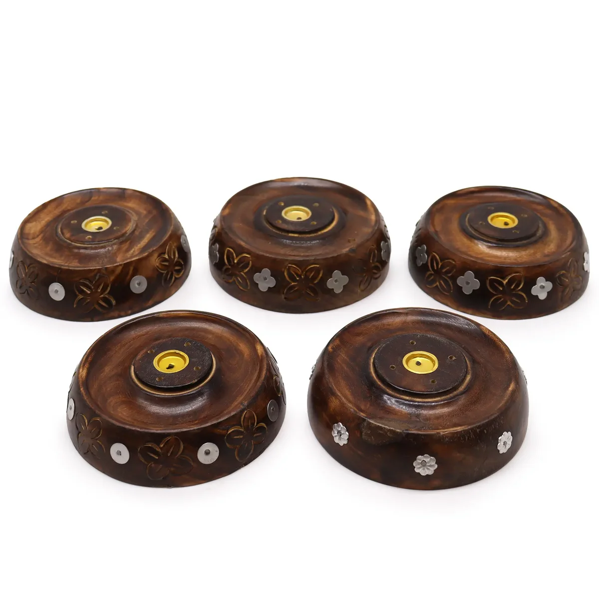 Mango wood cone incense holder with rustic design, holding a small incense cone.
