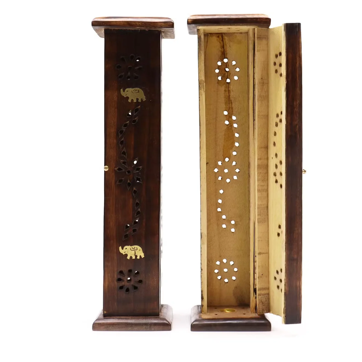 Square incense tower with mango wood body and brass inlay, a stylish incense tower decor piece