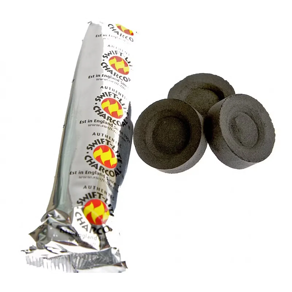 Pack of 10 charcoal tablets UK in a compact cardboard box.