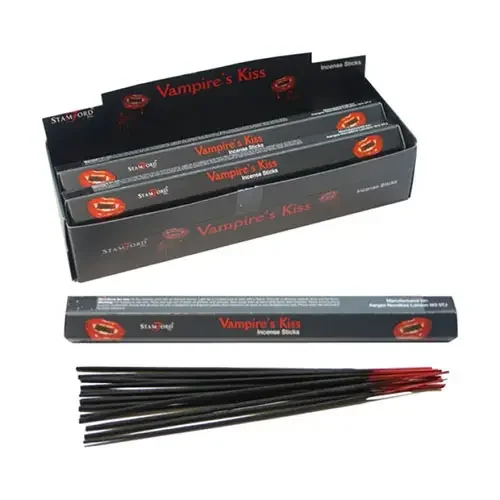 Pack of Vampire's Kiss incense sticks, slender dark sticks displayed ready to burn, incense sticks UK