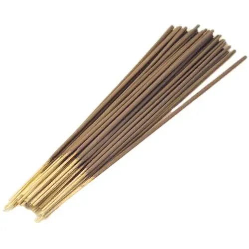 Piled vanilla scented incense sticks, viewed in bulk, brown sticks gathered together.