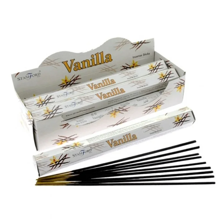 Box of vanilla scented incense sticks in simple packaging