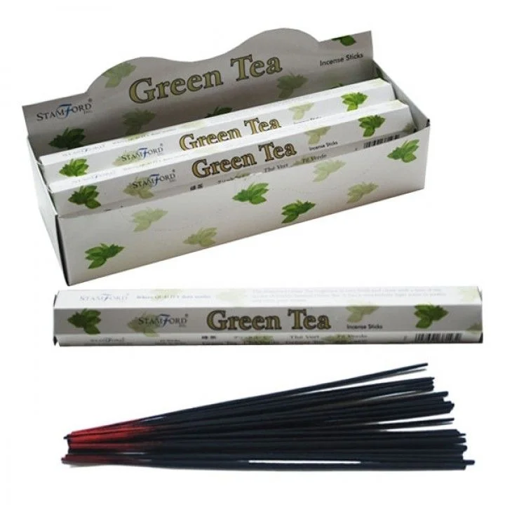 Package of green tea incense sticks, natural brown burn sticks.