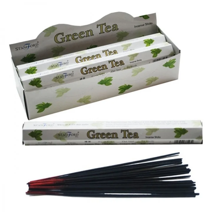 Premium incense sticks in green tea fragrance packed in a clear glass jar.