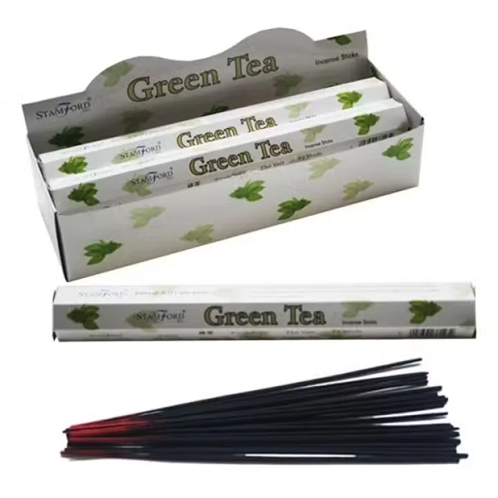 Green tea scented incense sticks displayed.