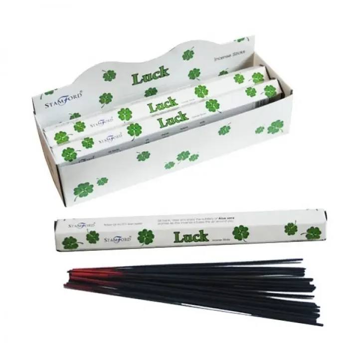 Package of Luck incense sticks, bundled in a flat cardboard box with a clear label.