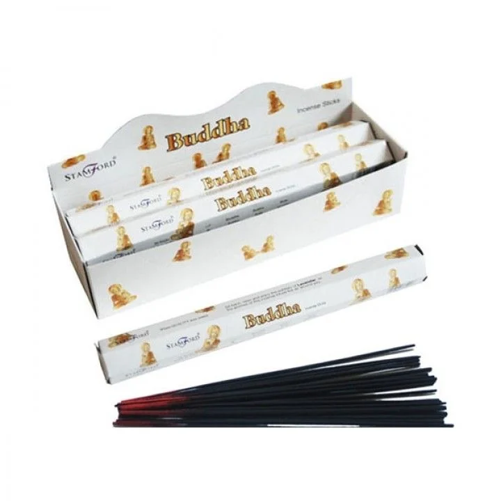 Buddha incense sticks arranged in a neat row on a plain background.