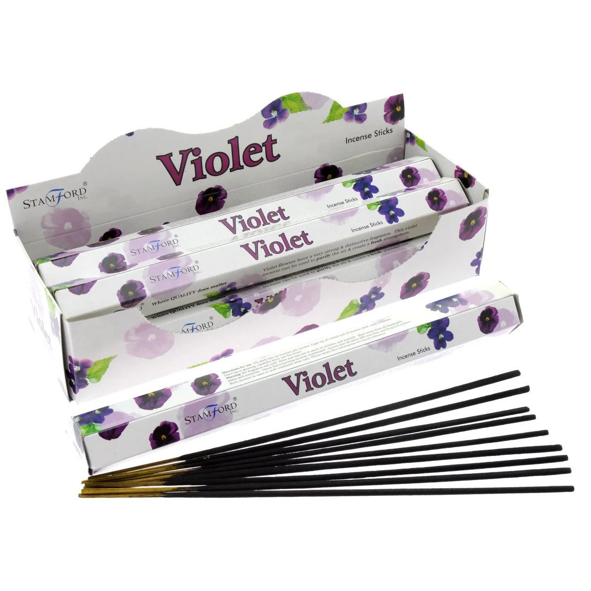 Pack of violet incense sticks, wrapped in clear paper, displayed in a tin jar, with the label reading violet premium incense.