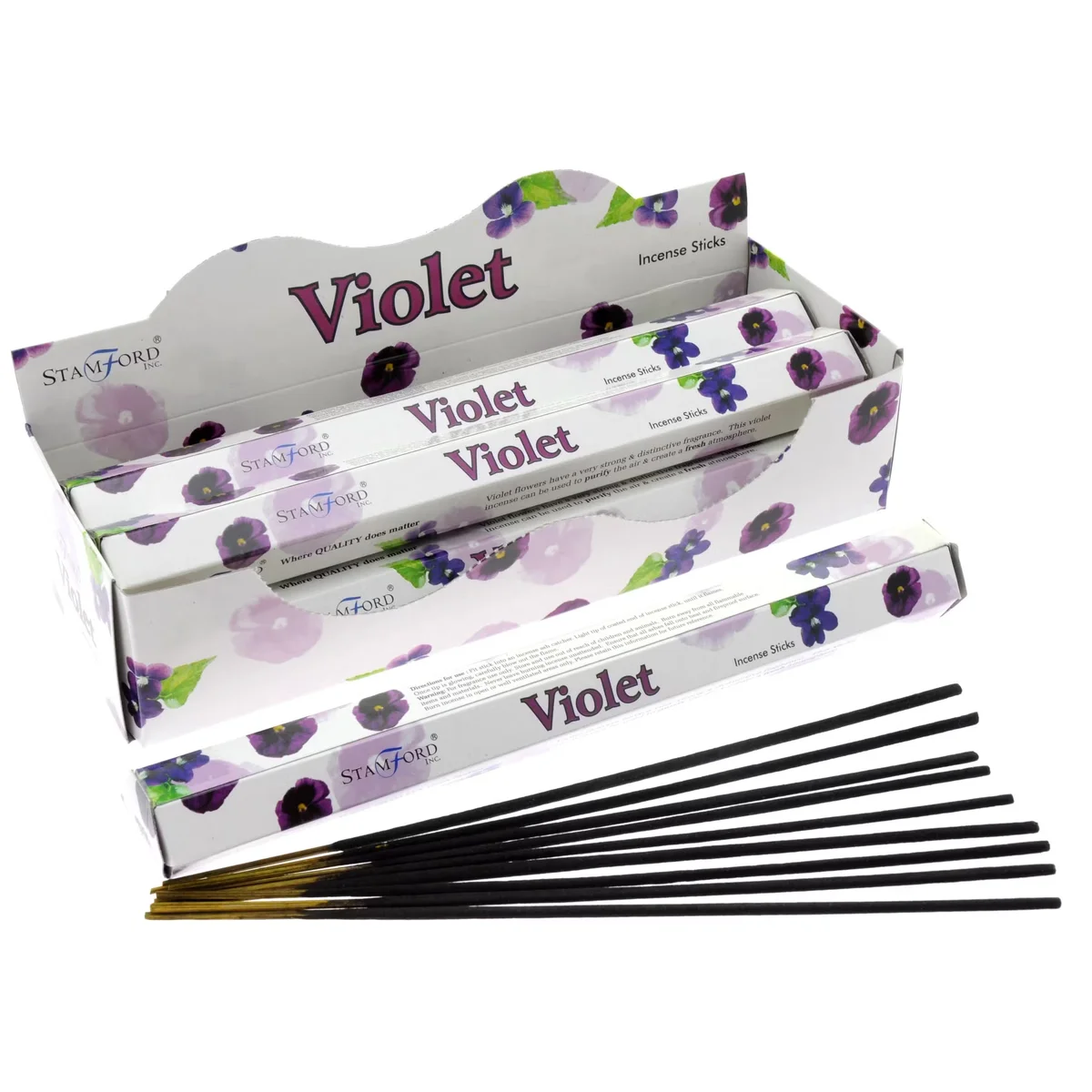 Violet incense sticks neatly arranged on a wooden tray, showcasing their rich purple hue.