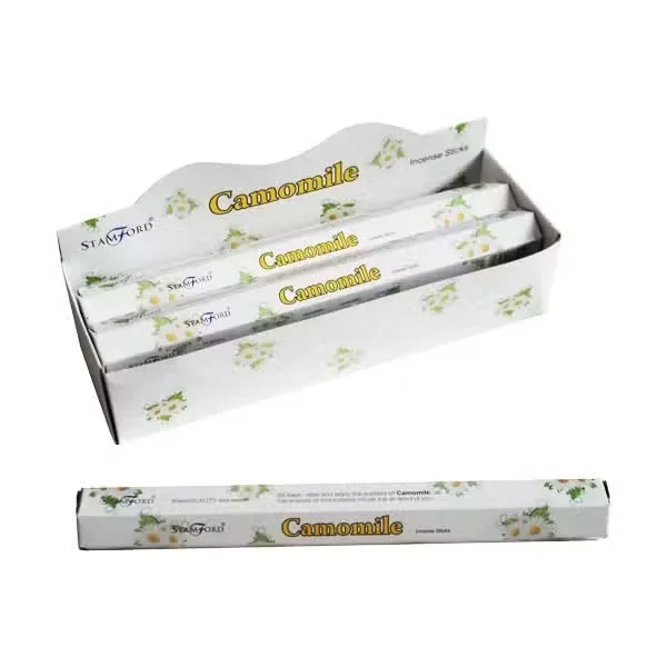 Camomile Premium incense stick on white background, UK packaging visible, making it easy to identify incense sticks UK