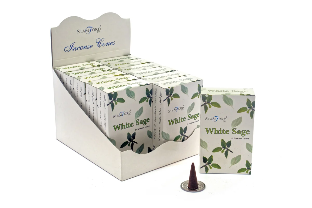 White sage cones displayed on a clean background, showcasing their rolled, textured shape.