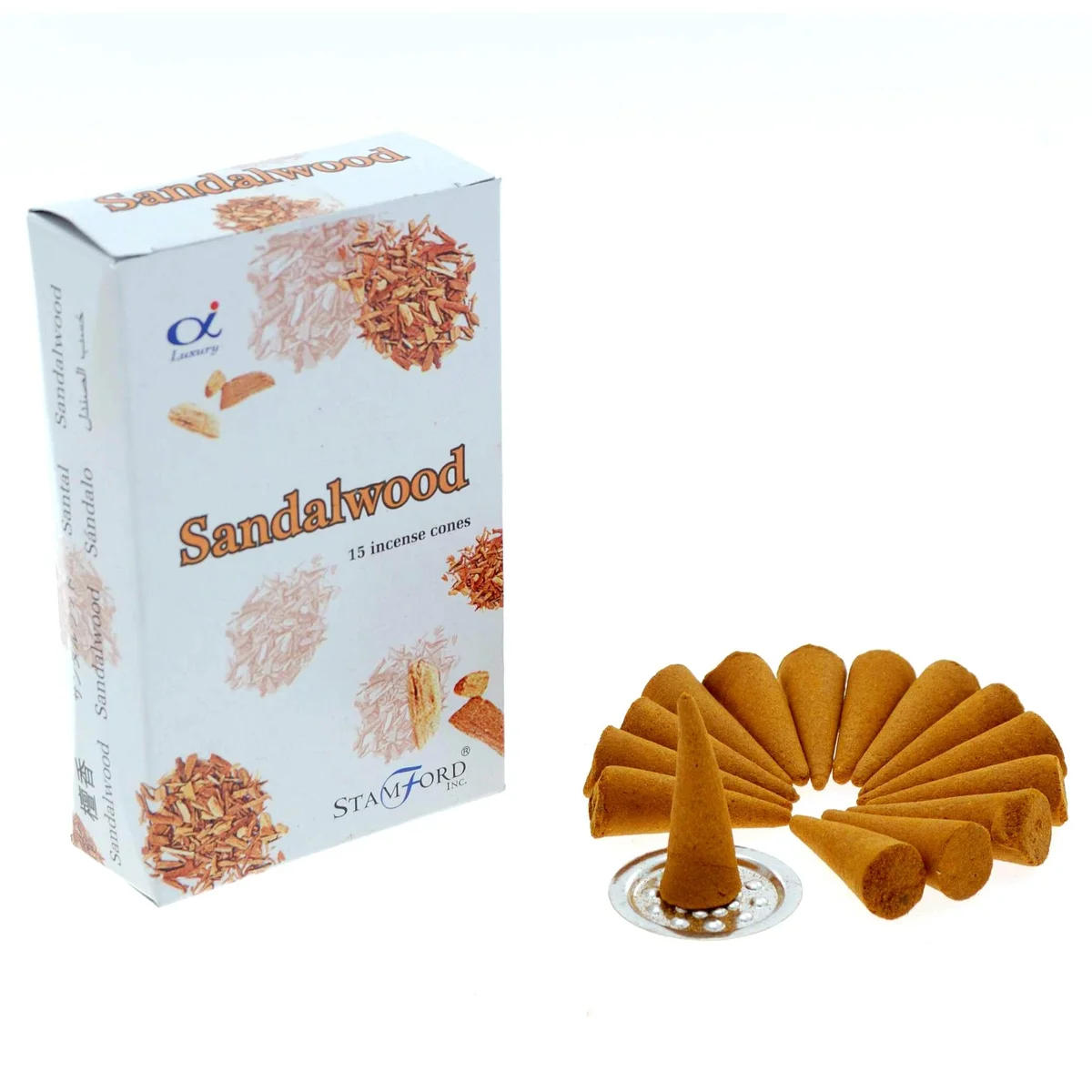 Bright orange sandalwood cones displayed on natural wooden background