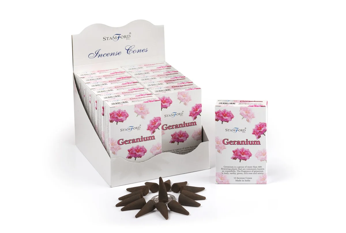 Geranium scented incense cones displayed on a wooden tray.