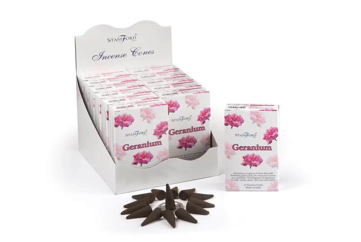 Geranium incense cones for home displayed in a wooden holder.