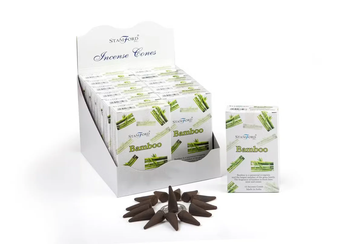 Bamboo incense cones UK arranged on a bamboo tray, showing natural, lightweight cones.