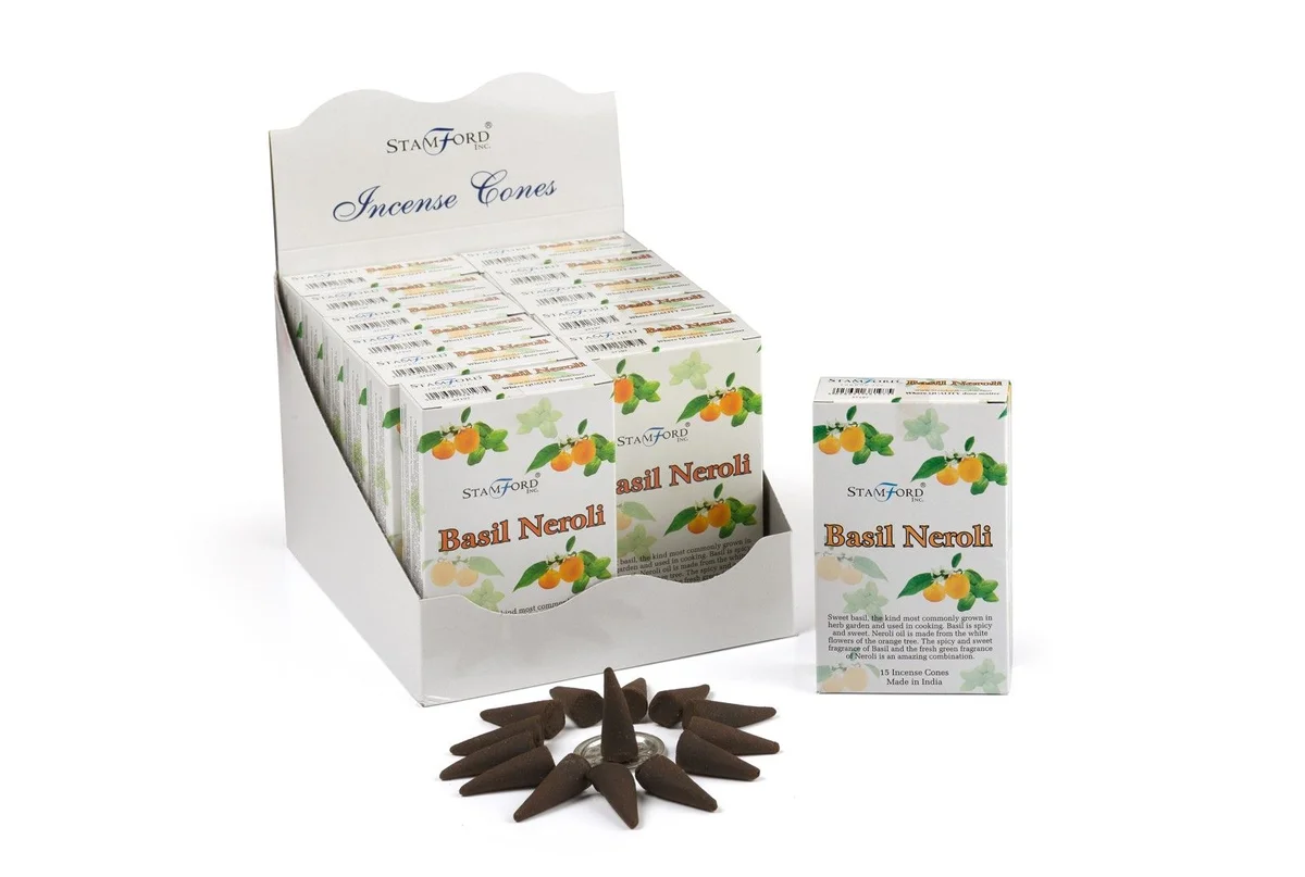 Basil neroli incense cones displayed in a simple arrangement, ready for use