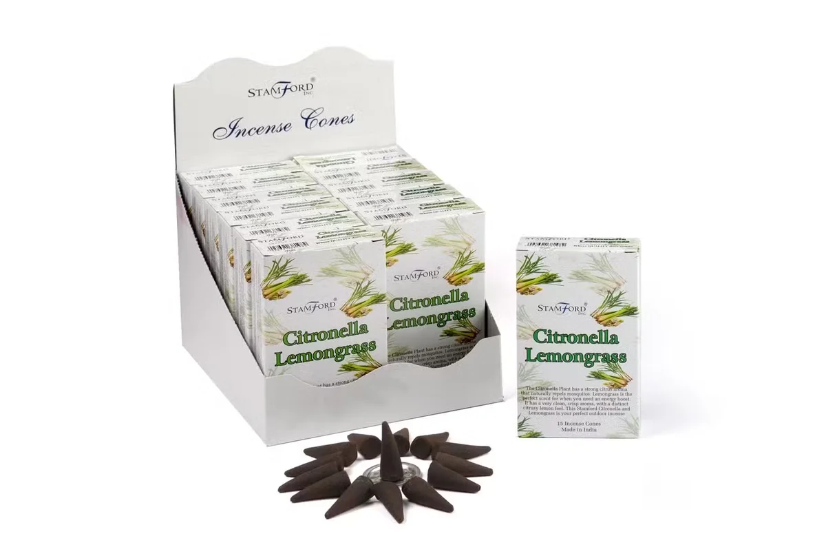 Box of citronella and lemongrass incense cones UK, green and yellow packaging.