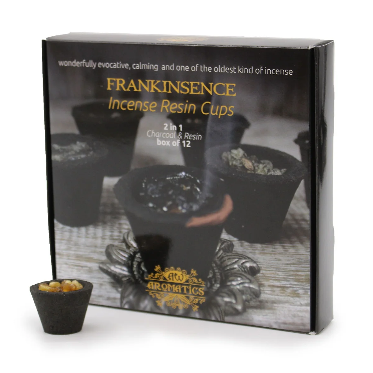 Box of 12 frankincense resin cups arranged in a small cardboard case.
