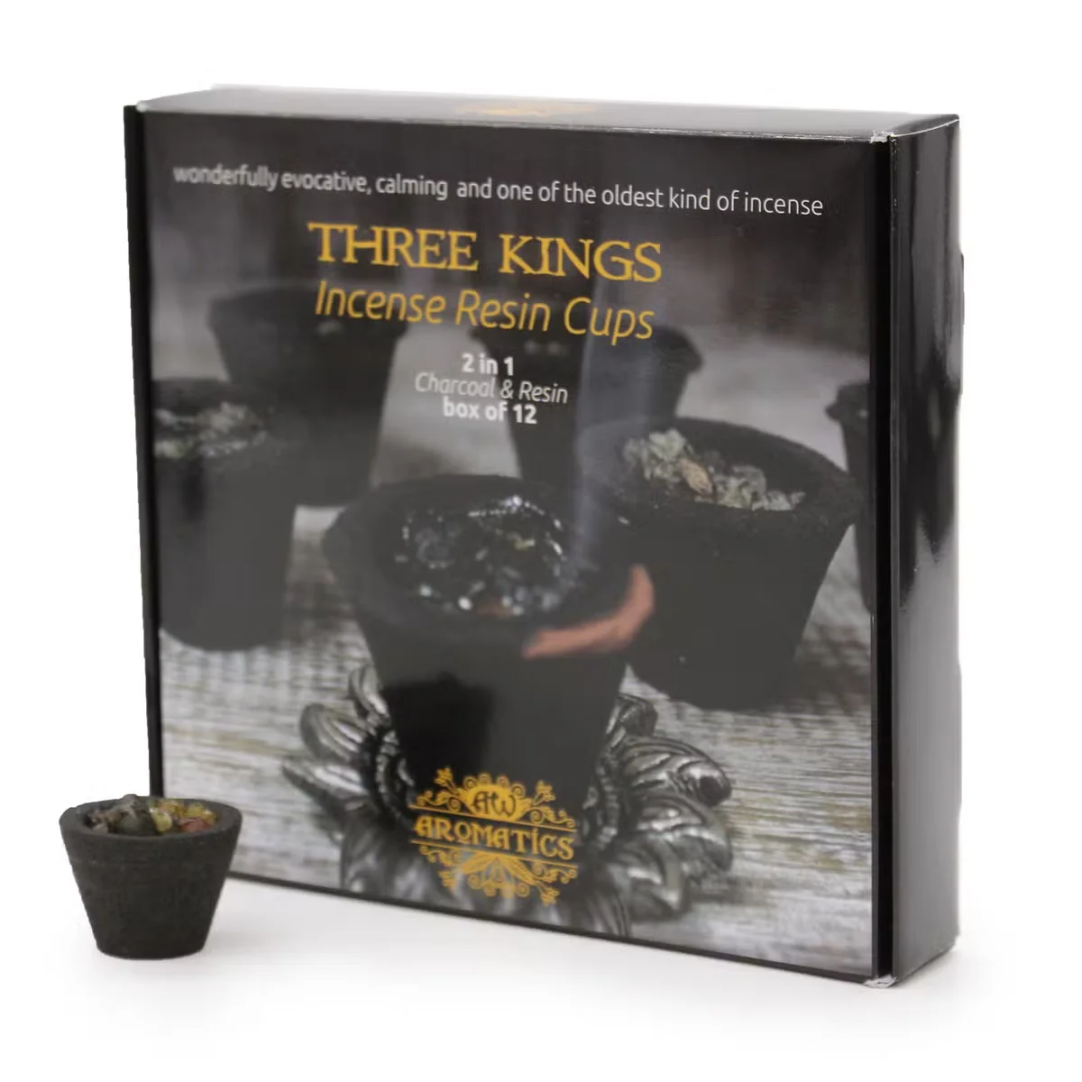 Box of twelve resin Three Kings cups in a cardboard box.