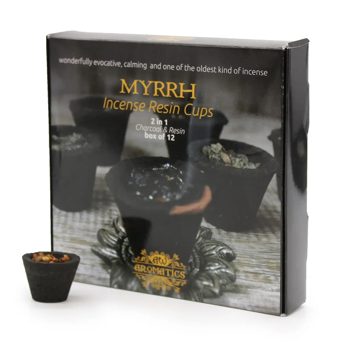 Box of 12 myrrh resin cups on a neutral background.