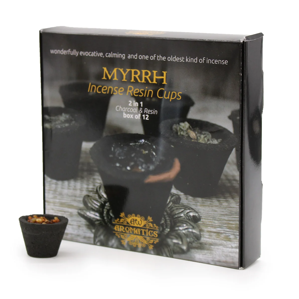 12 resin cups packaged in a myrrh-colored box.
