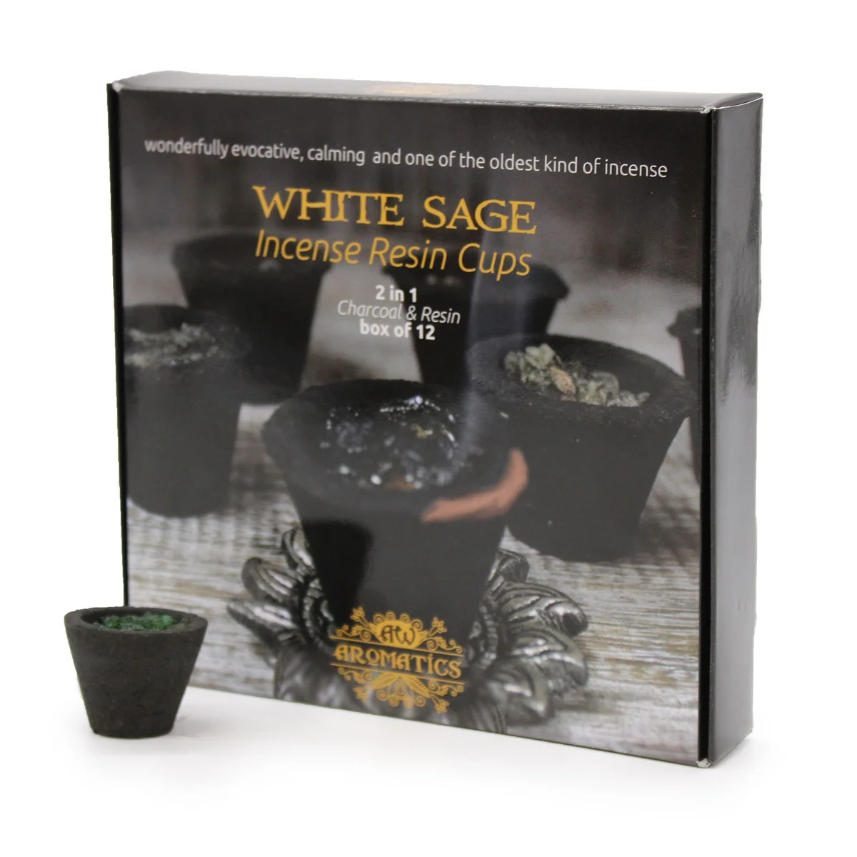 Box of 12 white sage resin cups displayed together, their slender white bottles topped with sage‑colored caps.