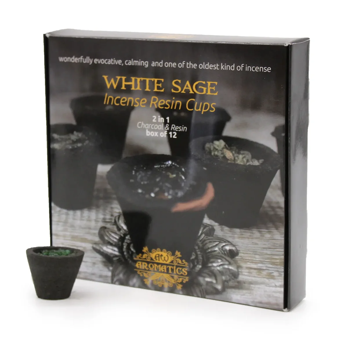 12 white sage resin cups inside a neatly arranged box, a resin cup set ready for use