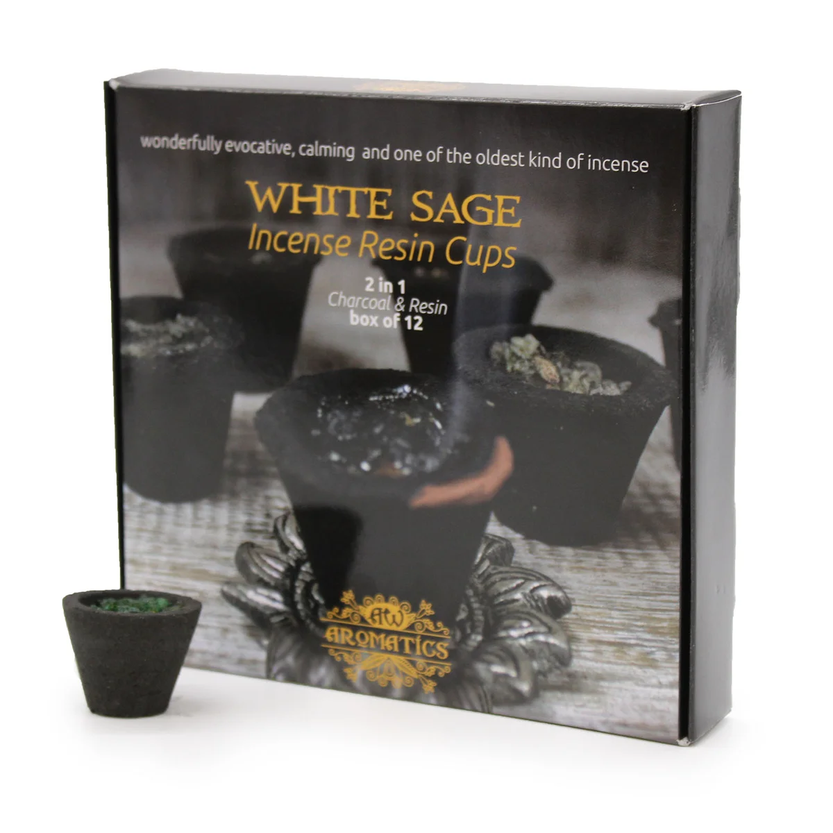 White sage resin cups in a compact box, 12 resin cups displayed.