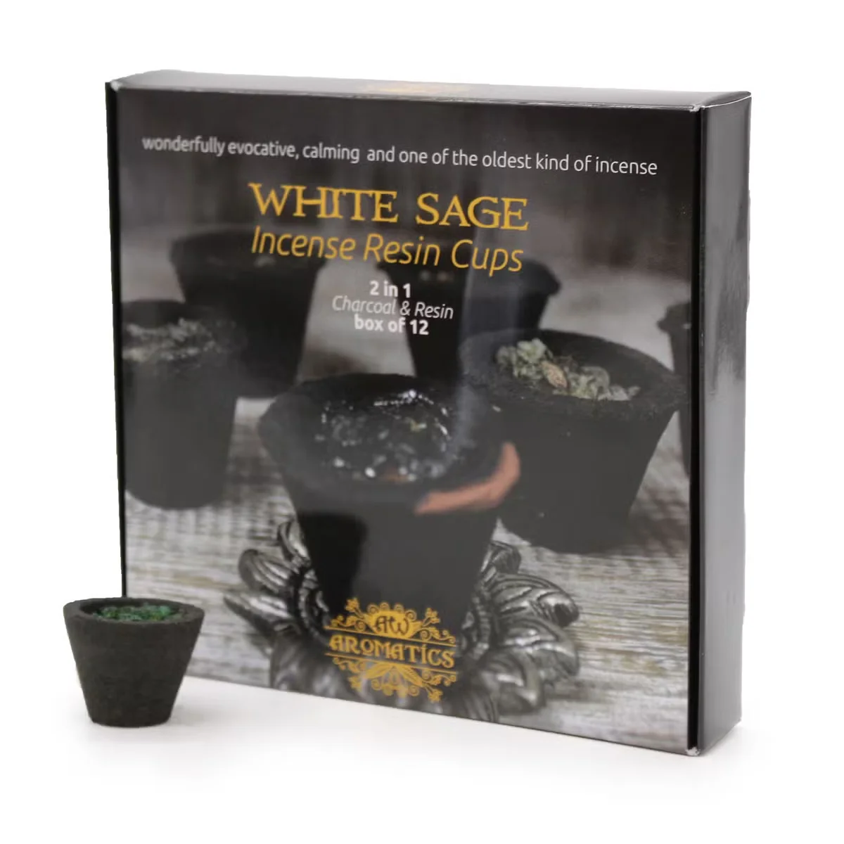 Box of 12 white sage resin cups displayed on a white background.