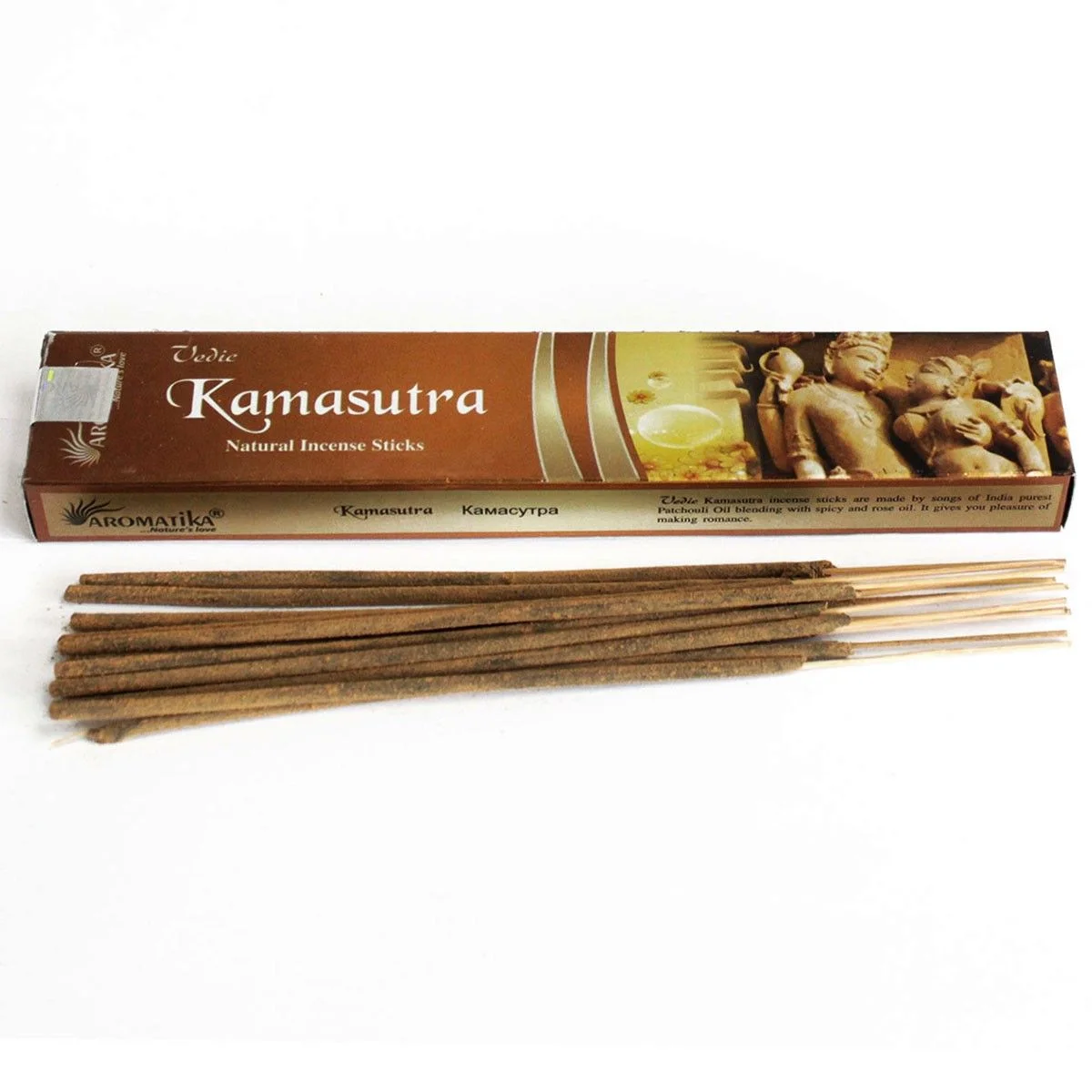 Stack of fragrant Vedic incense sticks labeled Kamasutra, bundles shown on a wooden tray.