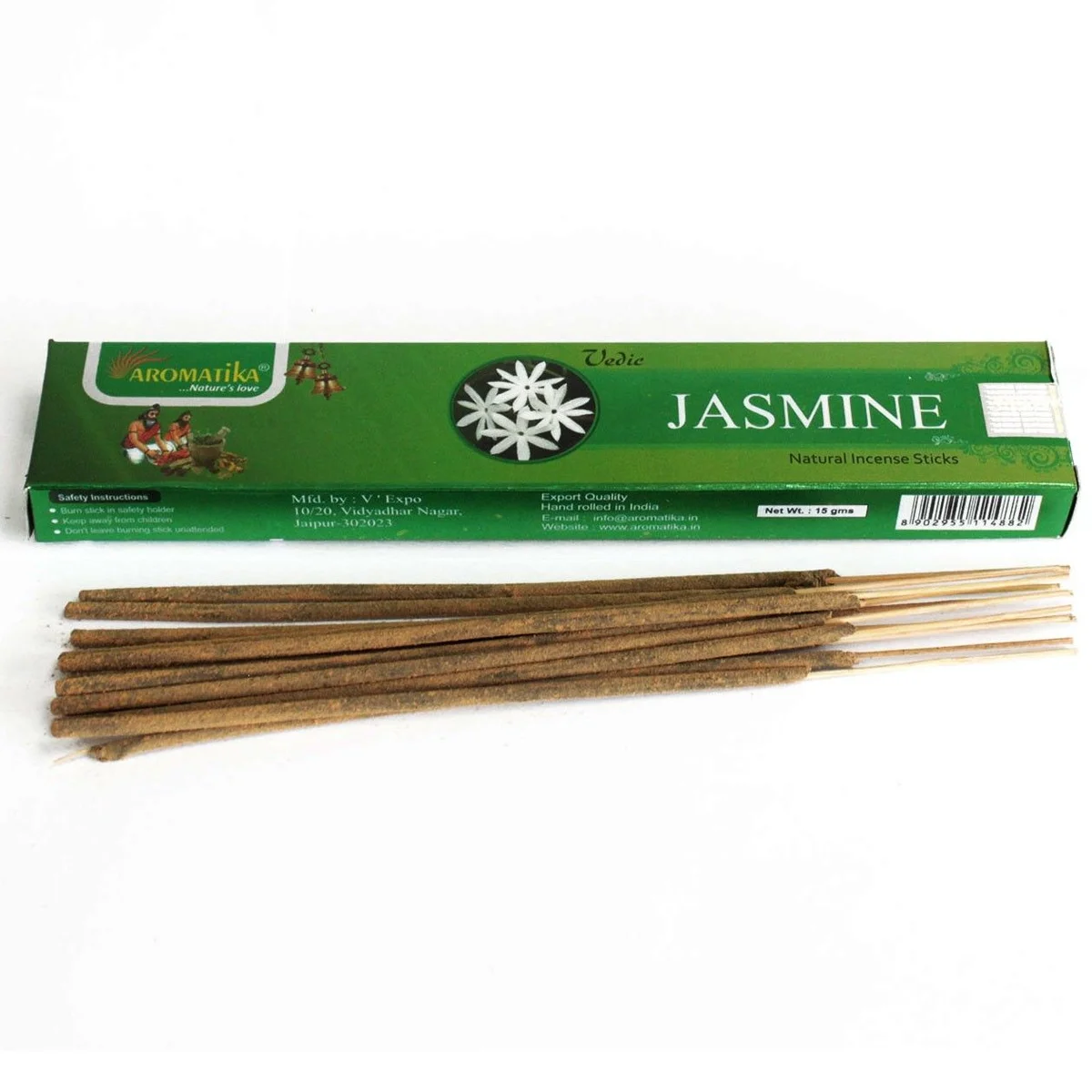 Bundle of jasmine incense sticks displayed on a natural wood background
