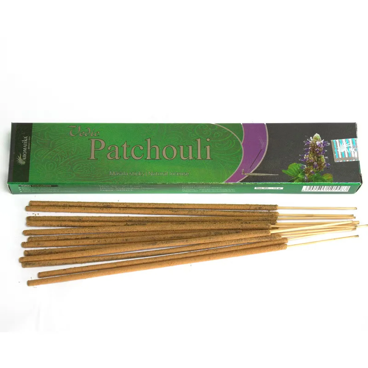 Vedic patchouli incense sticks displayed neatly.