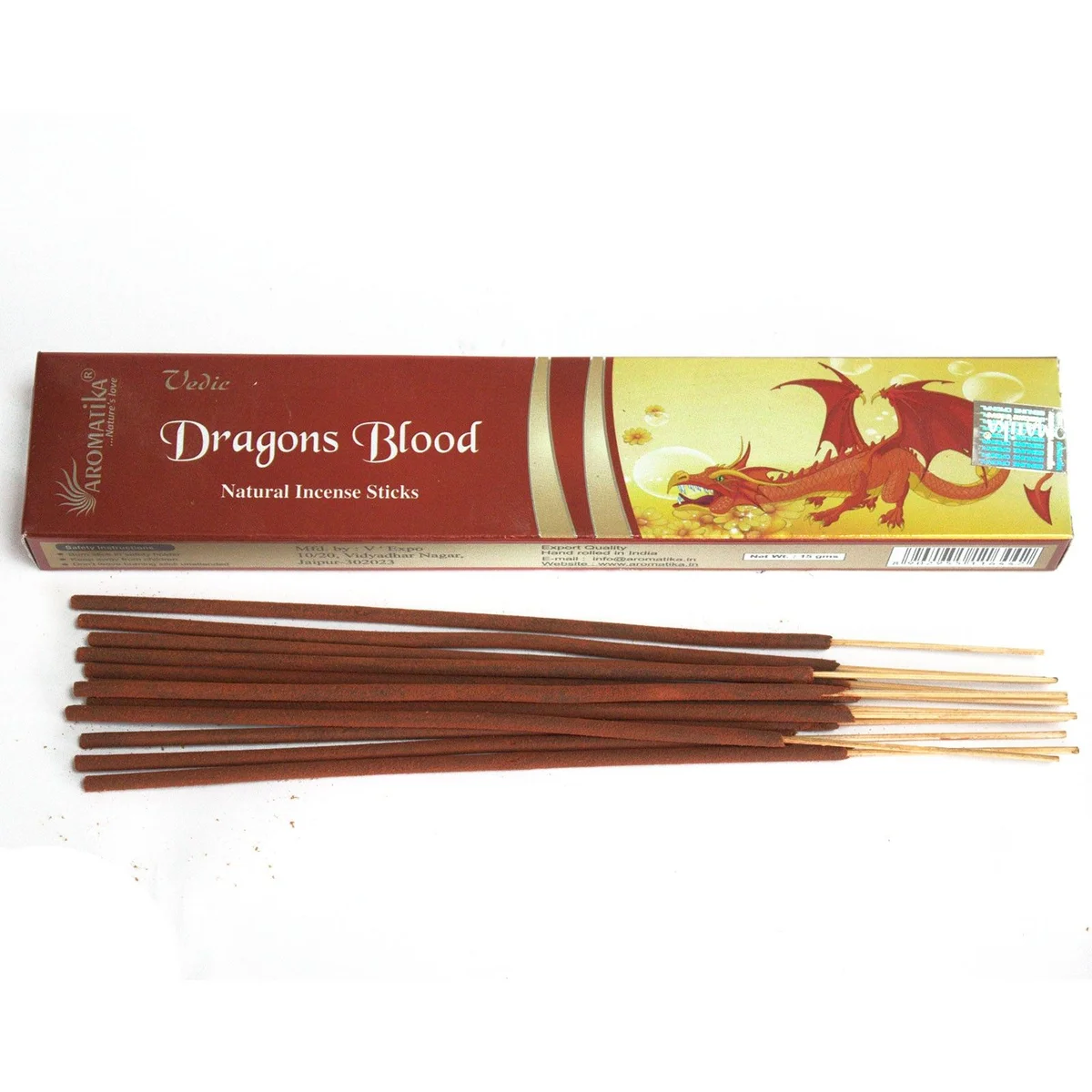 Pack of Vedic incense sticks, black sticks with green metal baguettes, label reads "Dragons Blood" incense.