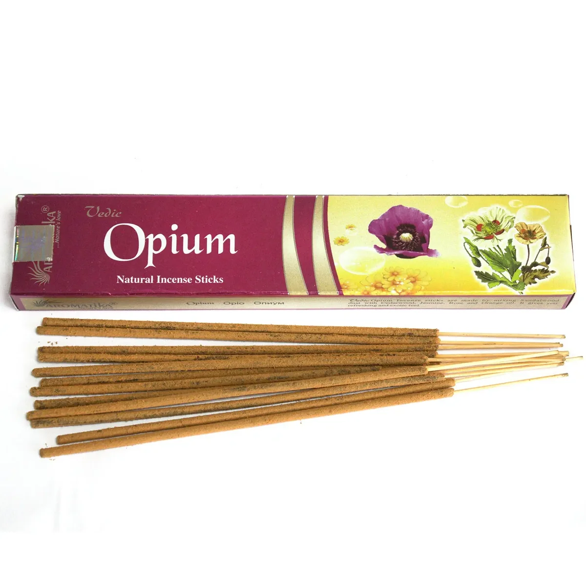 Vedic incense sticks Opium displayed in a clutch, slender sticks held together in a wooden box