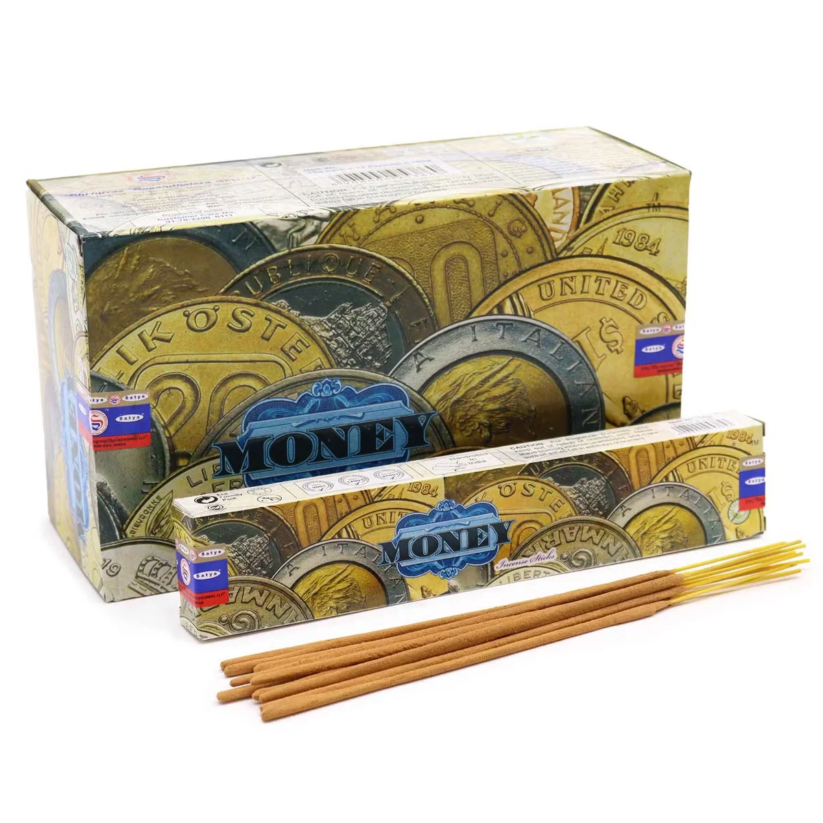 Pack of Satya 15gm money incense sticks.