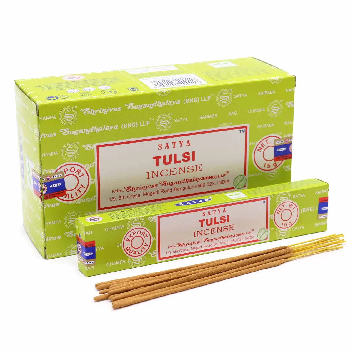Pack of 15g Satya Tulsi incense sticks in a clear plastic wrapper.