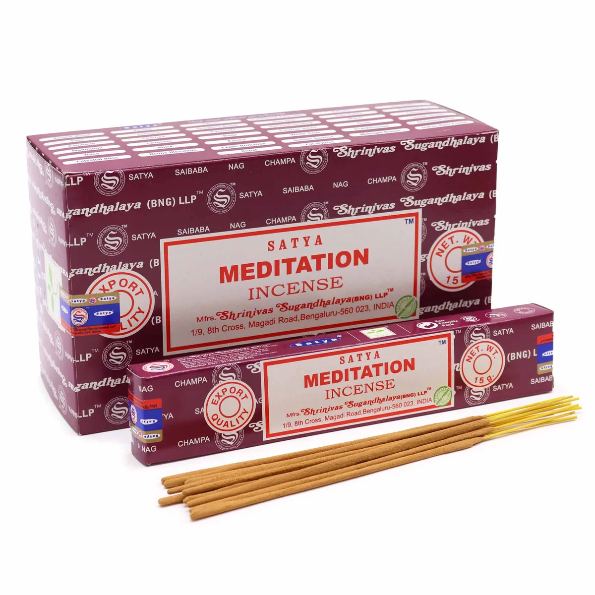 Satya incense sticks, 15gm meditation pack displayed in packaging.