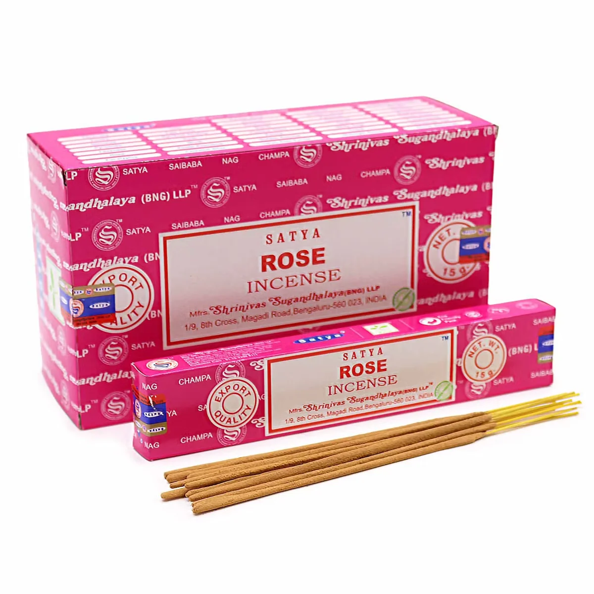 Satya 15gm rose scented incense stick in packaging
