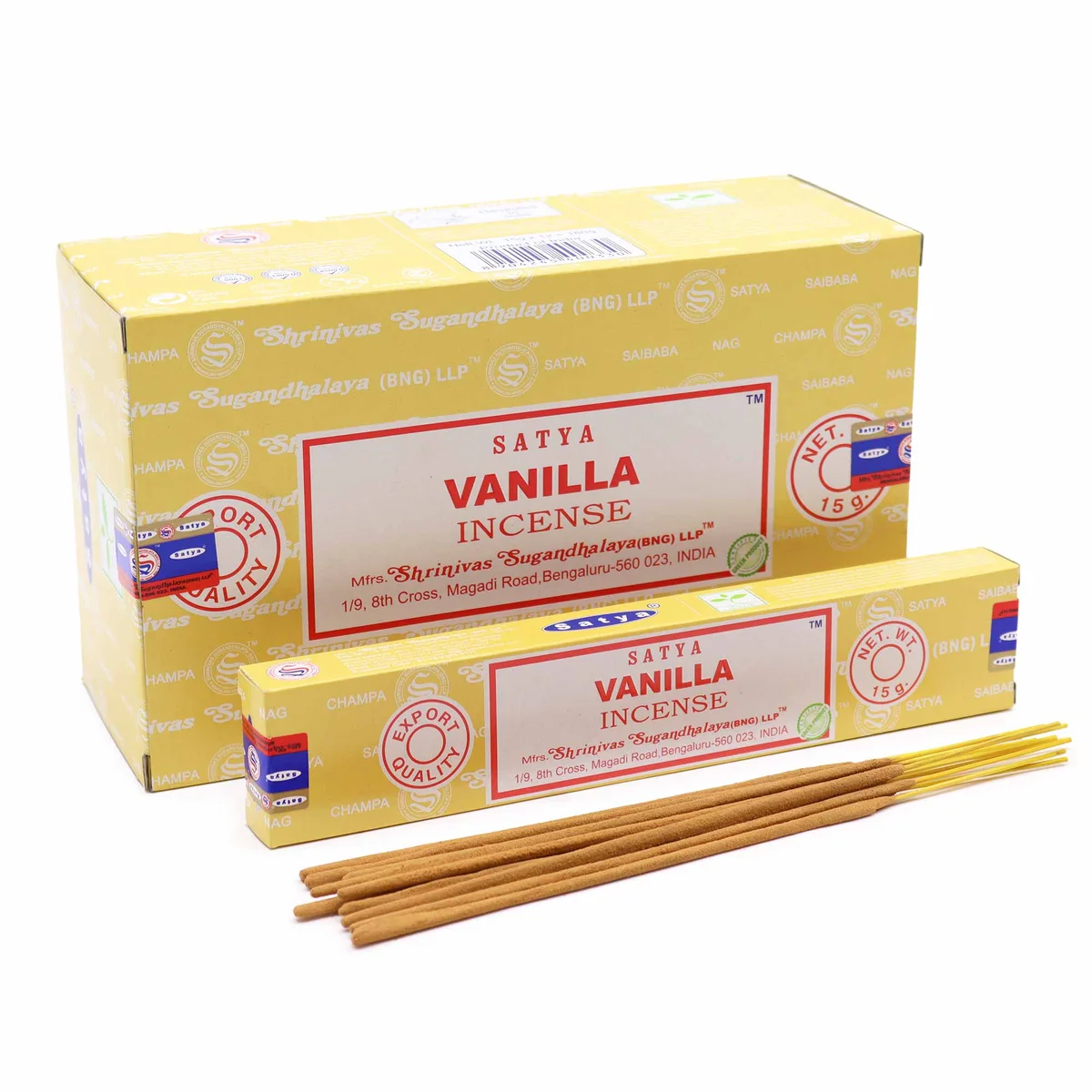 Pack of vanilla scented incense sticks in a small bag, labeled Satya 15gm