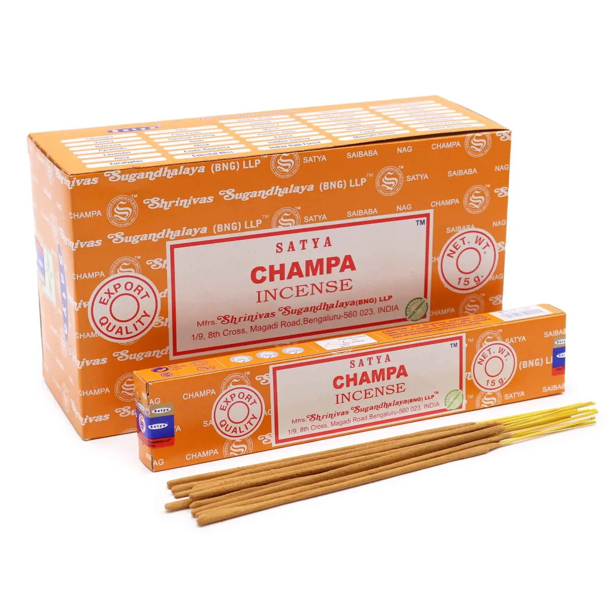 Satya incense sticks – a stack of 15 gm Champa sticks in a small pack.