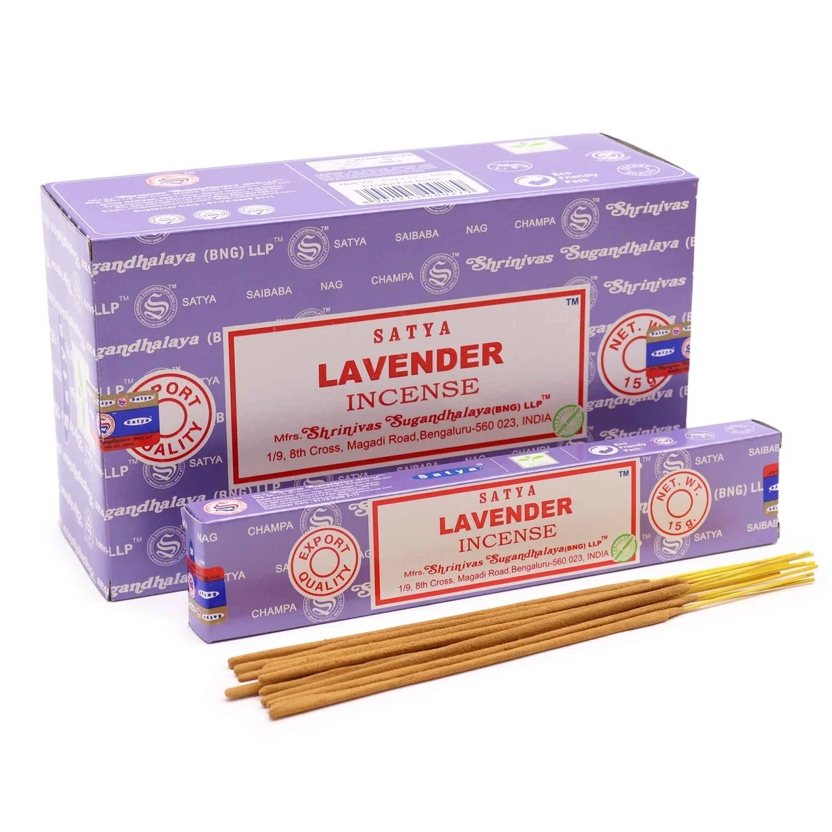 Satya 15gm lavender incense sticks in a glass tin box