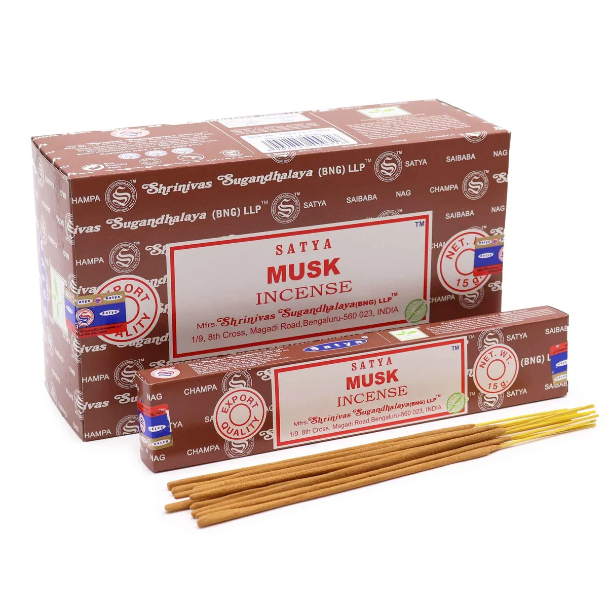 Satya incense musk sticks ready to burn, brown stick with fine ash.