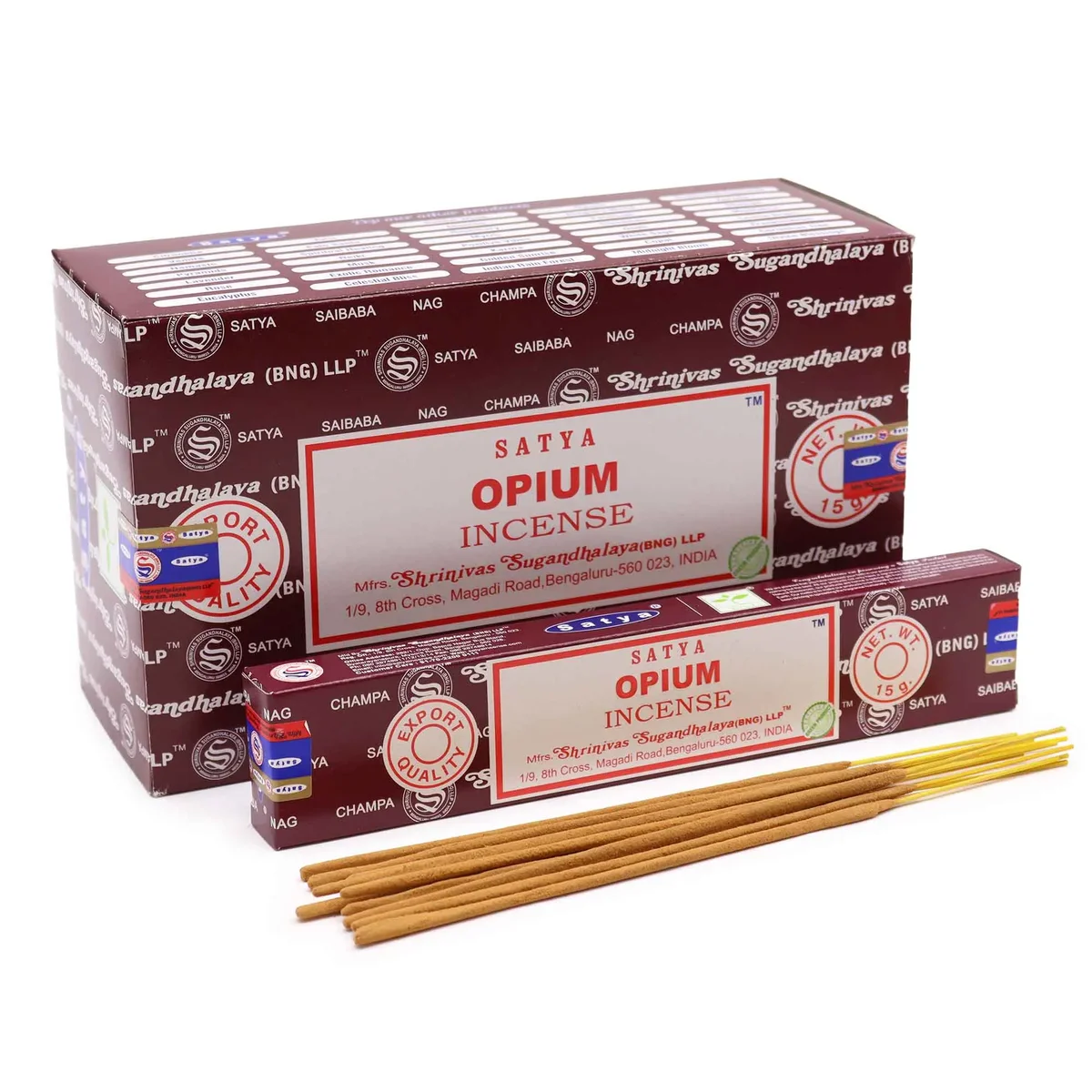 Satya incense 15g Opium incense stick in its packaging.